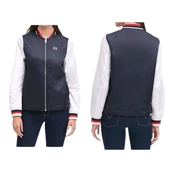 $100 Navy Levi’s Retro Varsity Bomber Jacket Medium Colorblock Stripe Trim NWT - Picture 5 of 16